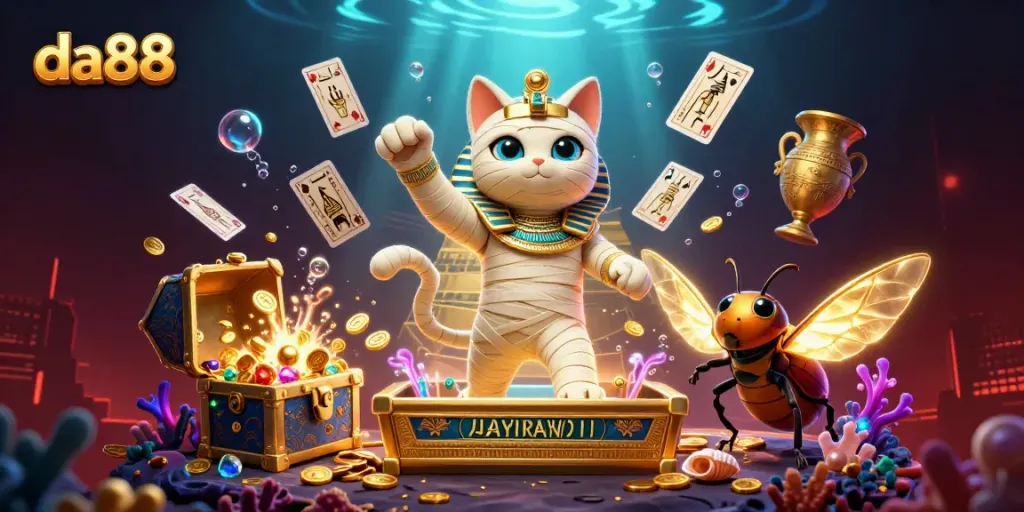 Betting in style with da88: a 3D cartoon mummy cat amidst golden treasures and casino elements.