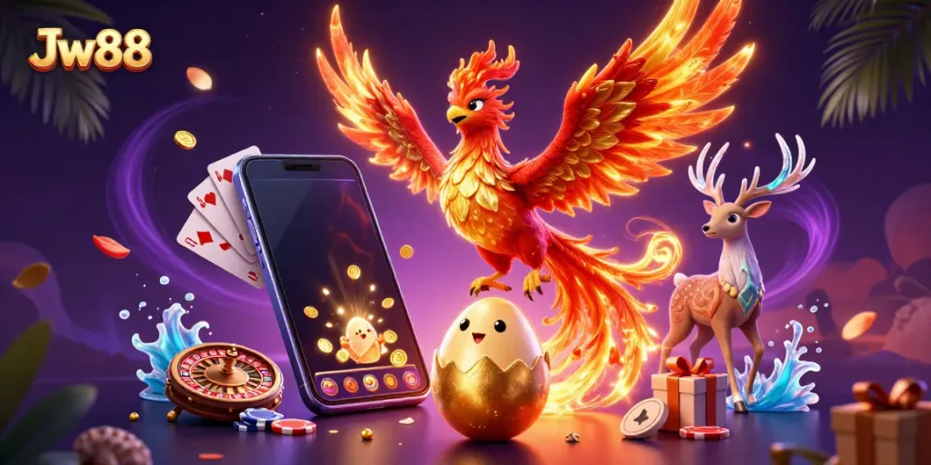 Experience thrilling games with Jw88, featuring a phoenix in a vibrant casino scene.