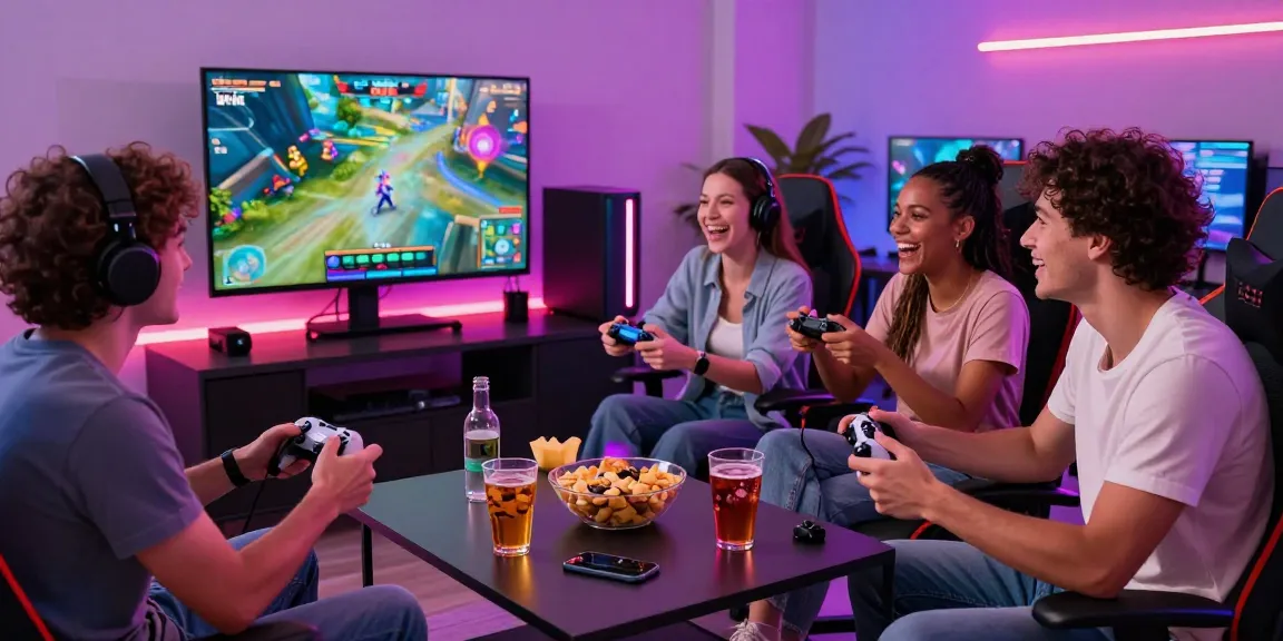 Friends enjoying a multiplayer game on iwin with snacks and drinks.