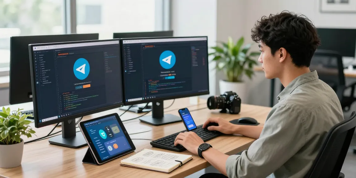 Developer focused on Telegram Download in a modern workspace with tech gadgets and coding screens.
