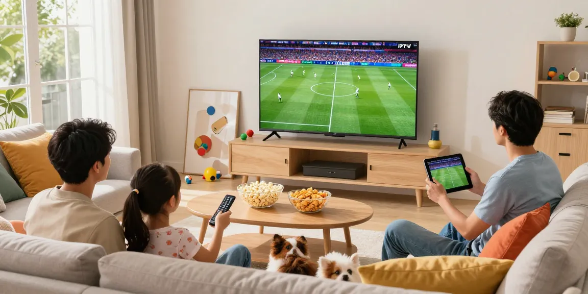 Family enjoying IPTV streaming in a cozy living room with 4K TV.