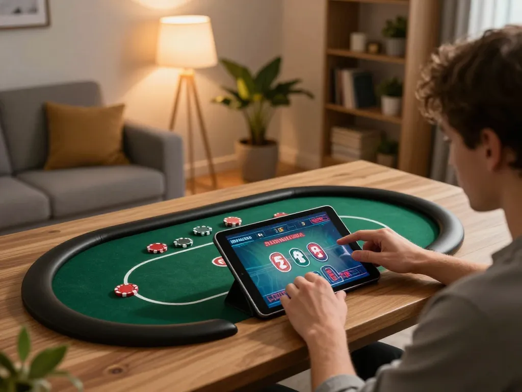 Sky88co user engages in online poker gaming, showcasing a cozy home atmosphere with strategic focus.