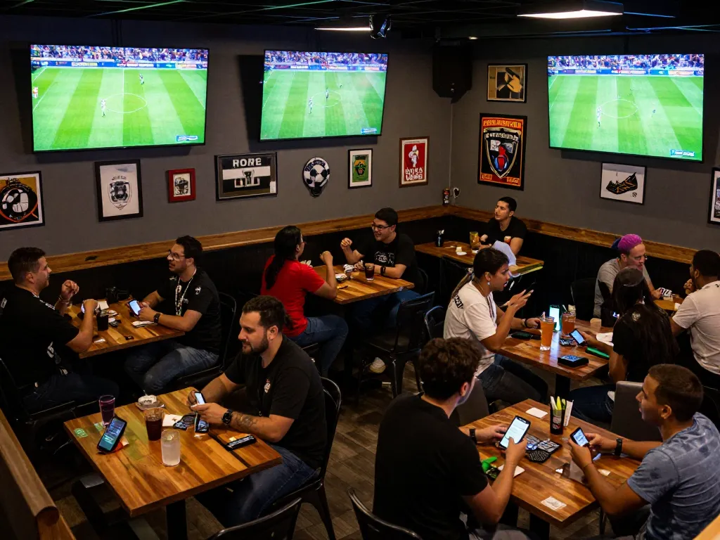 Socolive fans placing bets on mobile devices while enjoying live soccer games at a sports bar