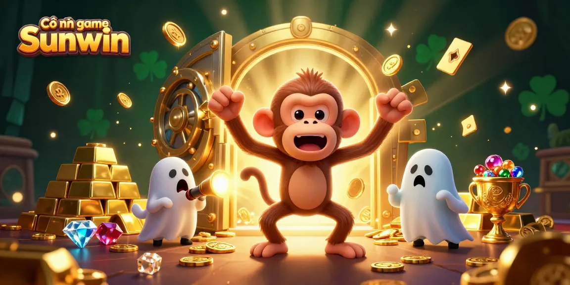 Cổng game Sunwin engages players in a vibrant haunted casino scene with a mischievous monkey and a curious puppy.