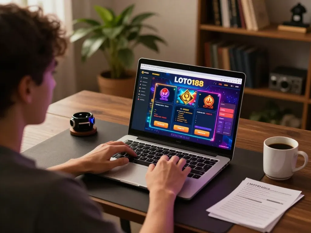 Engaged user playing LOTO188 online casino on laptop, colorful interface visible, cozy home atmosphere.