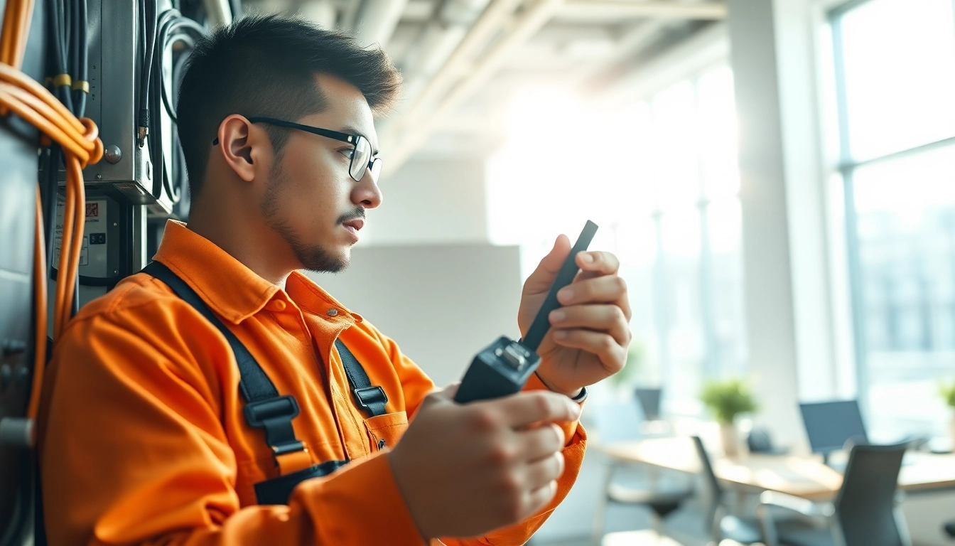 Expert commercial electrician vancouver inspecting wiring in a modern office setting.