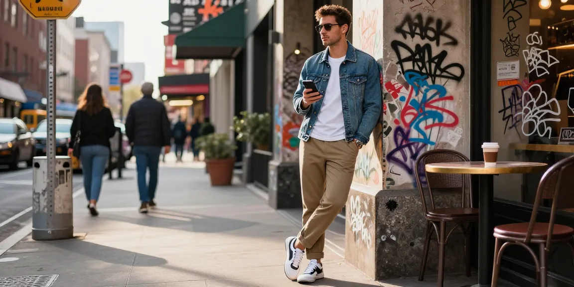 Young man in stylish men's fashion outfit showcasing urban style against street art backdrop.