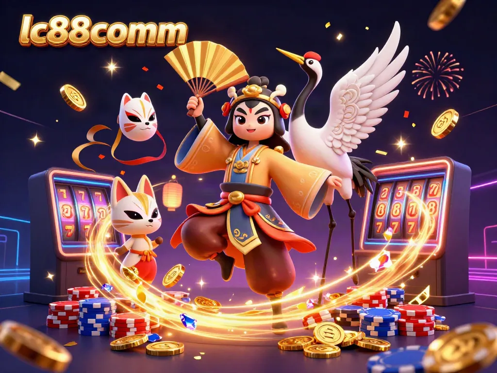 lc88comm engages players with vibrant 3D illustrations highlighting traditional elements and casino excitement.