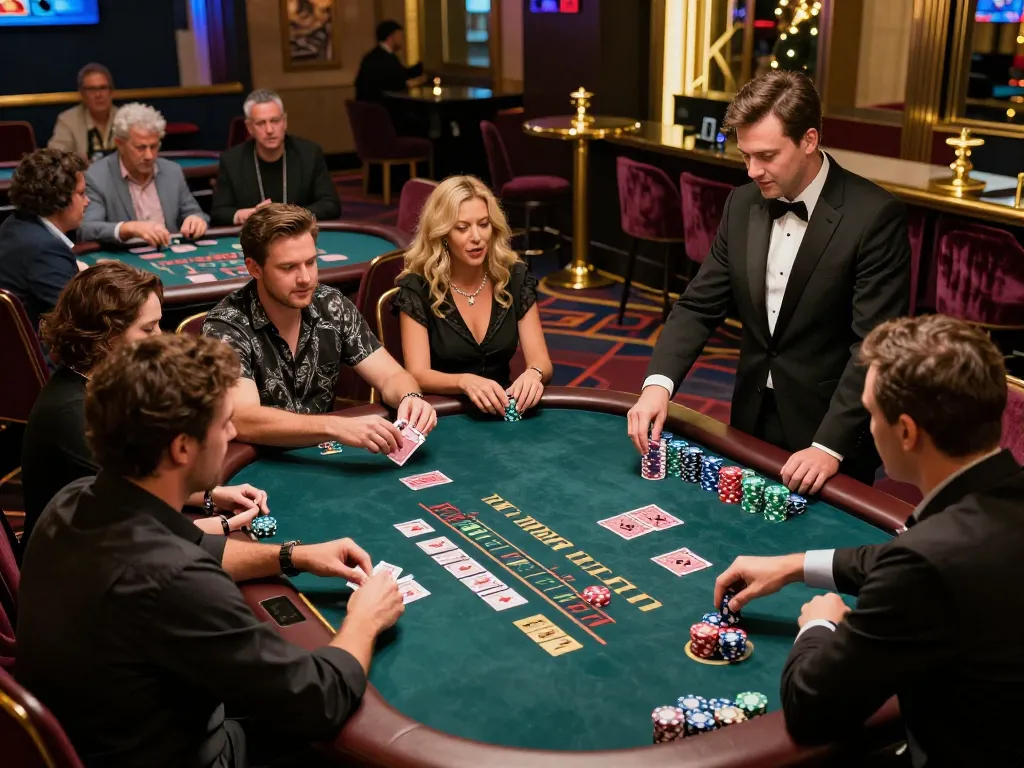 Players engaging in a strategic blackjack game at sunwingo's upscale casino, creating an exciting atmosphere.