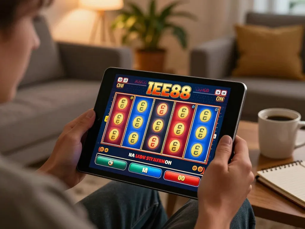 Engaged player enjoying ee88's casino app gameplay in a cozy living room.
