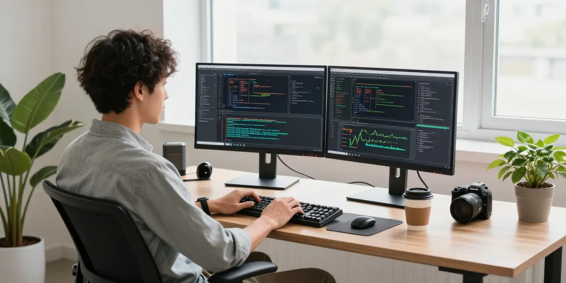 快连 coding setup showcasing a developer in a modern workspace with monitors and gadgets.
