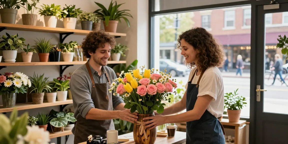 Flower shop Edmonton with a florist arranging colourful seasonal flowers in a rustic setting, inviting atmosphere.