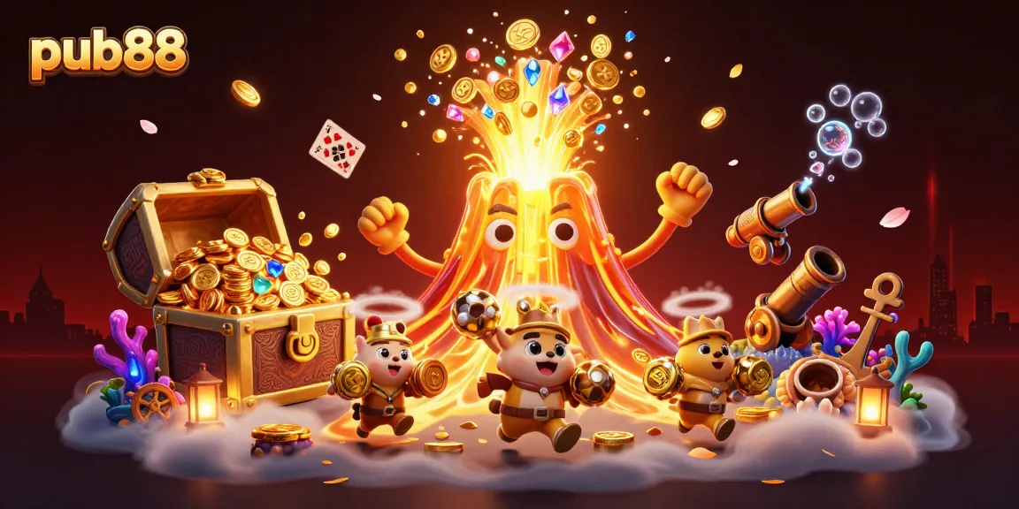 Experience thrilling wins at pub88 with a dazzling eruption of coins and treasure in this vibrant illustration.