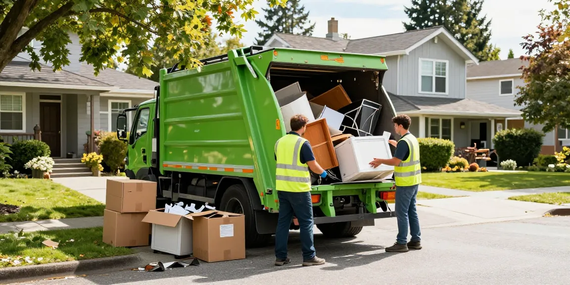 Vancouver Waste Removal crew loading old furniture into a truck in a residential neighborhood.