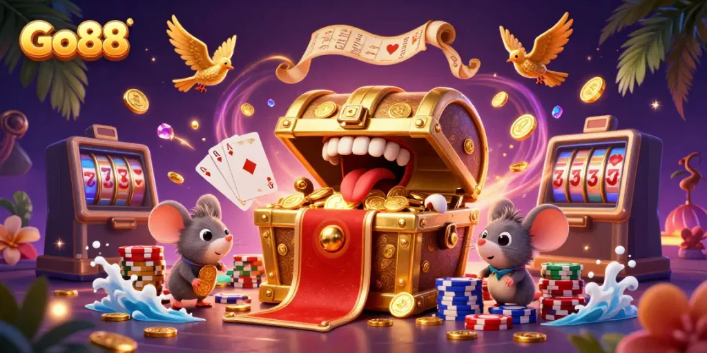Experience thrilling gaming with Go88 as treasure chests attract adventurer mice amidst a vibrant casino atmosphere.