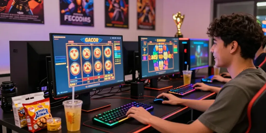 Pengguna bersemangat memainkan slot gacor online dengan monitor penuh warna di ruangan permainan modern.