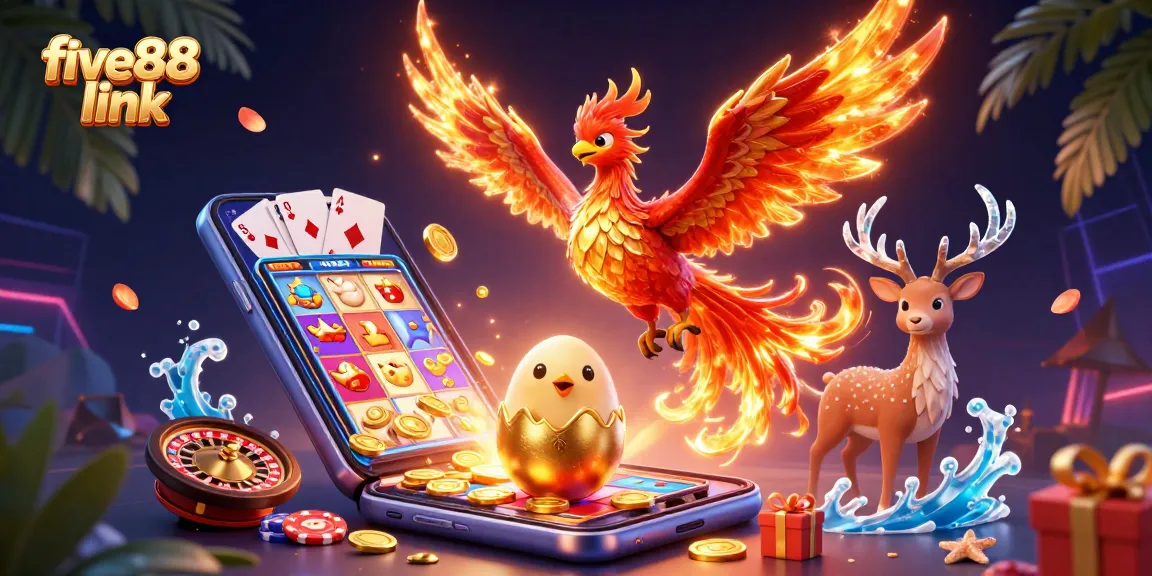 Experience excitement with five88 link, a vibrant casino illustration featuring dynamic gaming elements.