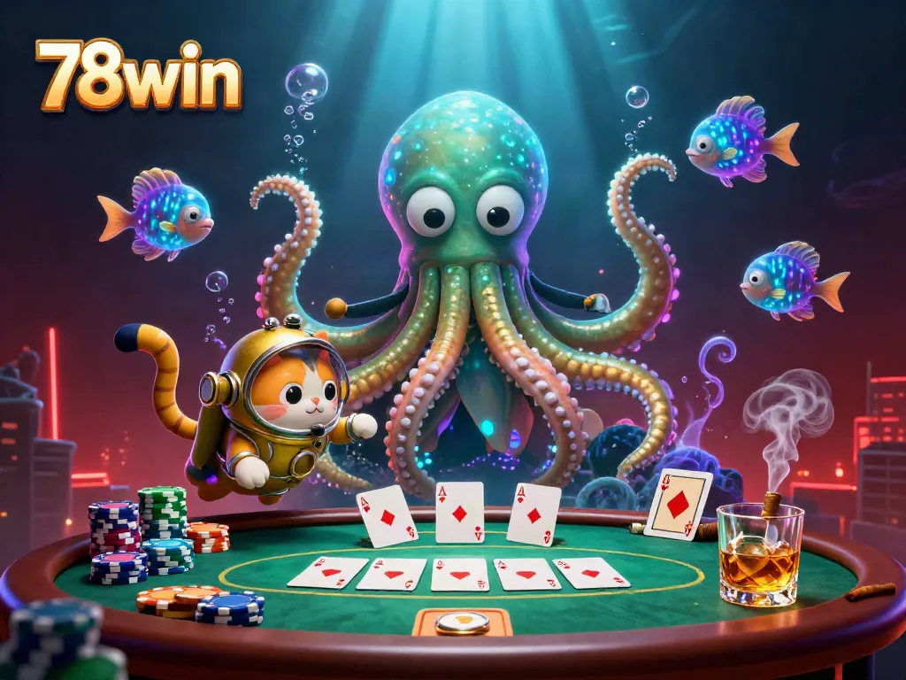 Experience thrilling gaming action with 78win, featuring a kraken and diving cat in a vibrant, dynamic casino scene.