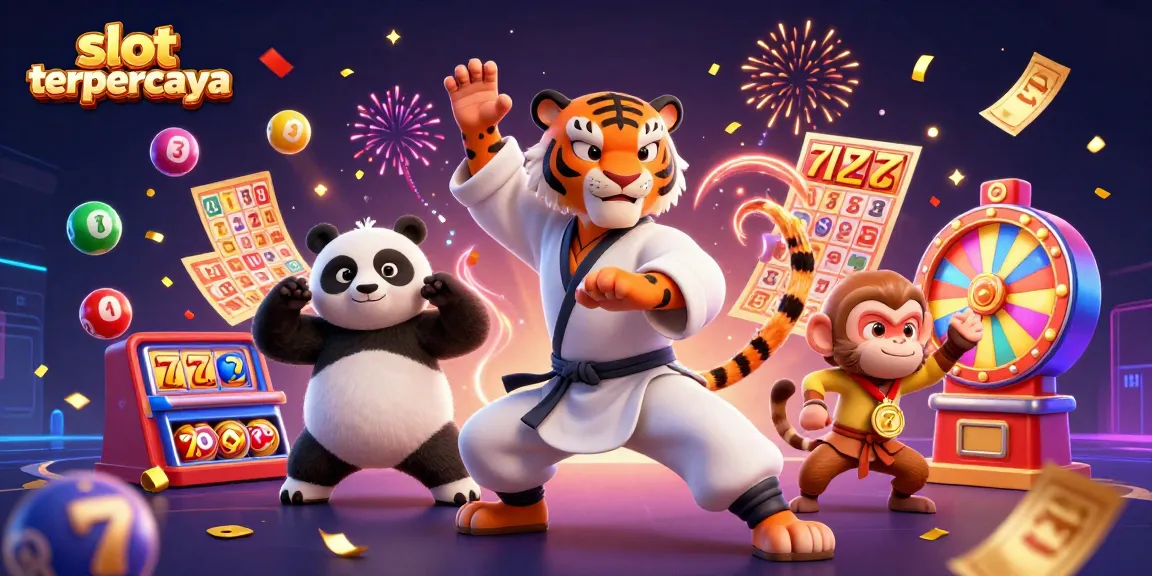 Immerse in the exciting world of slot terpercaya with a cartoon tiger master, colorful bouncing lottery balls, and money rain effects.