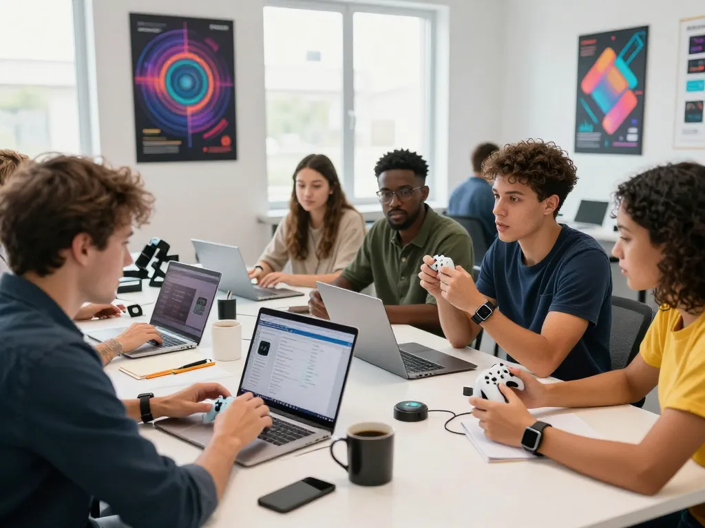 Group discussing affordable tech gadgets in a bright modern workspace.