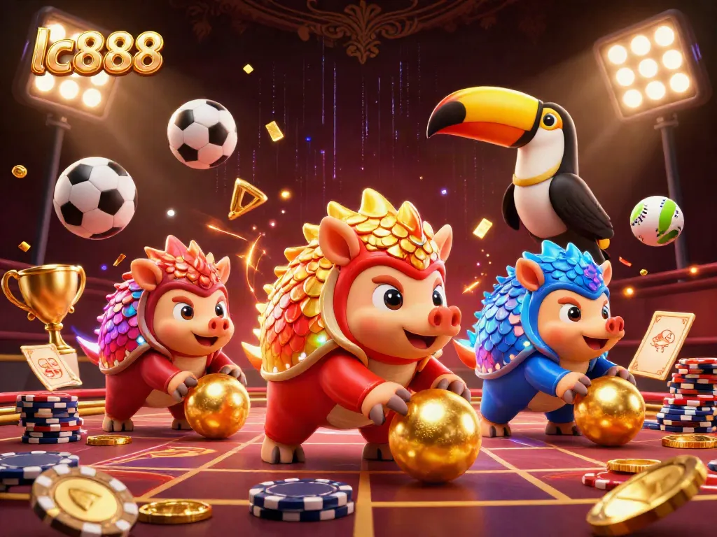 Experience lc888 excitement in a vibrant 3D illustration with pangolins rolling into poker chips.