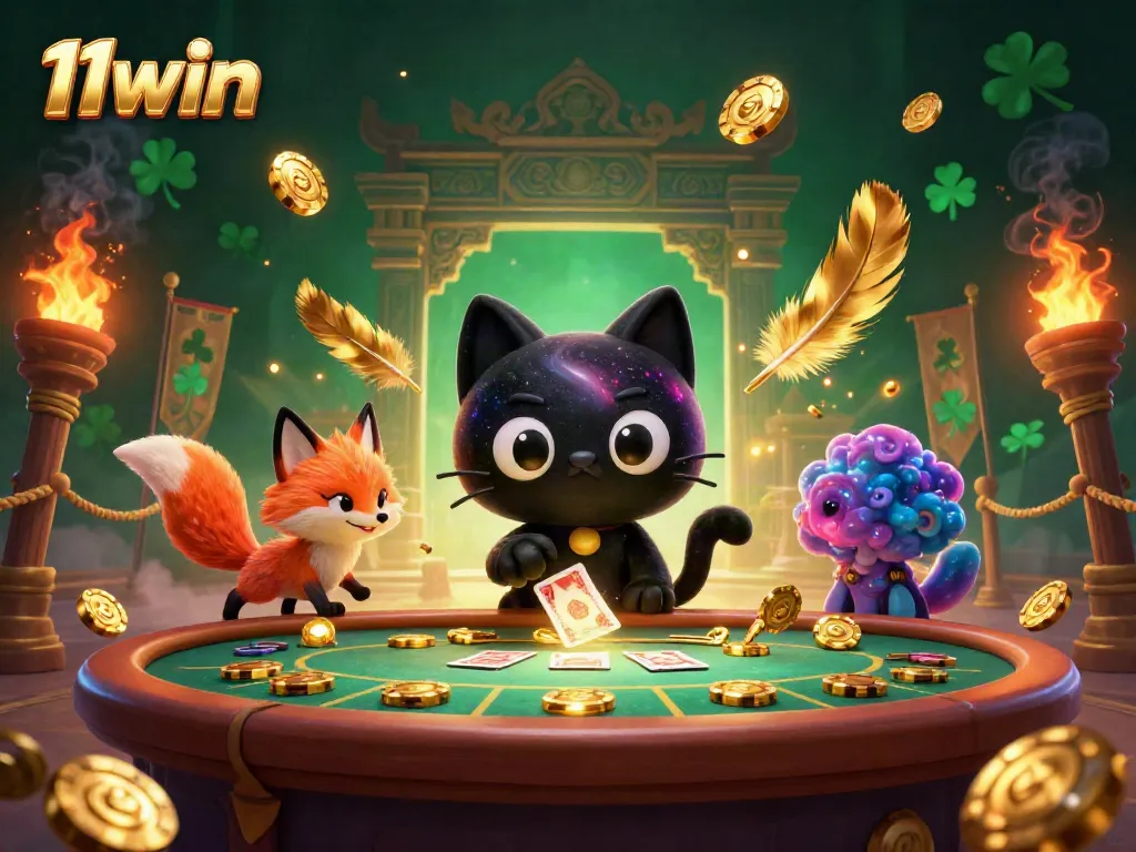 Experience the thrill of gaming at 11win, where a cosmic cat pulls in chips and cards at a vibrant casino table.