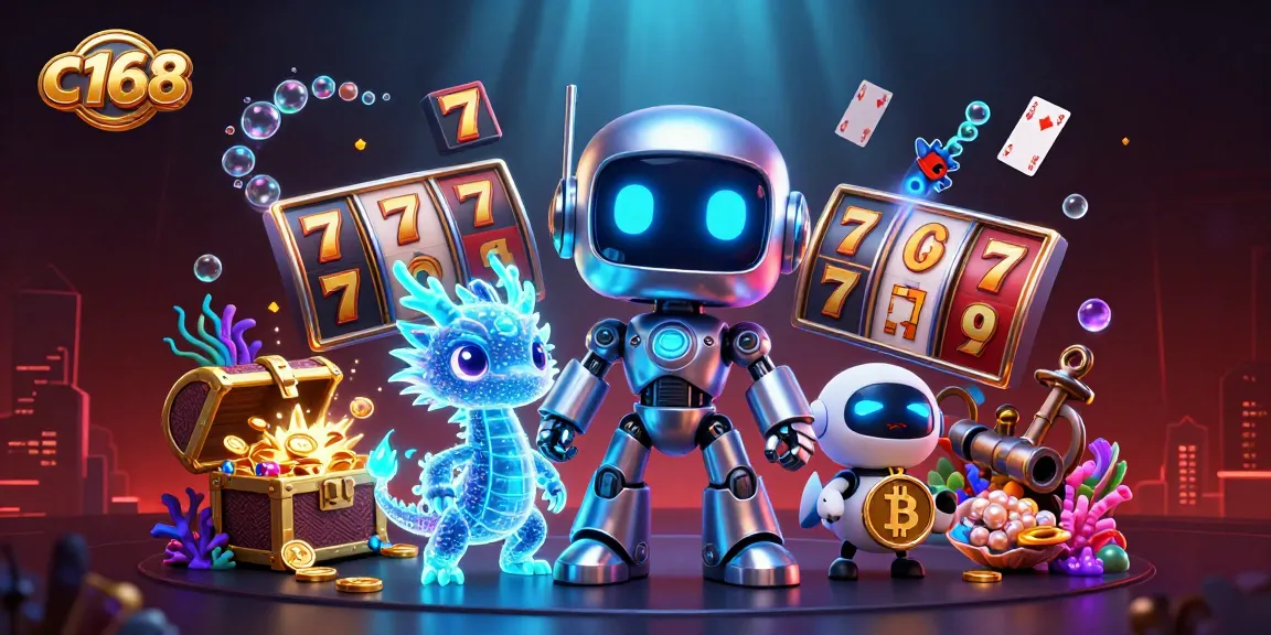Experience thrilling slots action with c168's colorful robots and gold treasures in this dynamic casino scene.