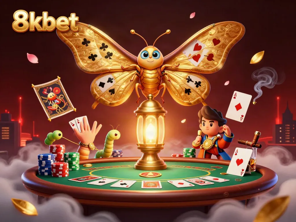Experience the excitement of 8xbet with vibrant casino scenes featuring a majestic moth and poker elements.