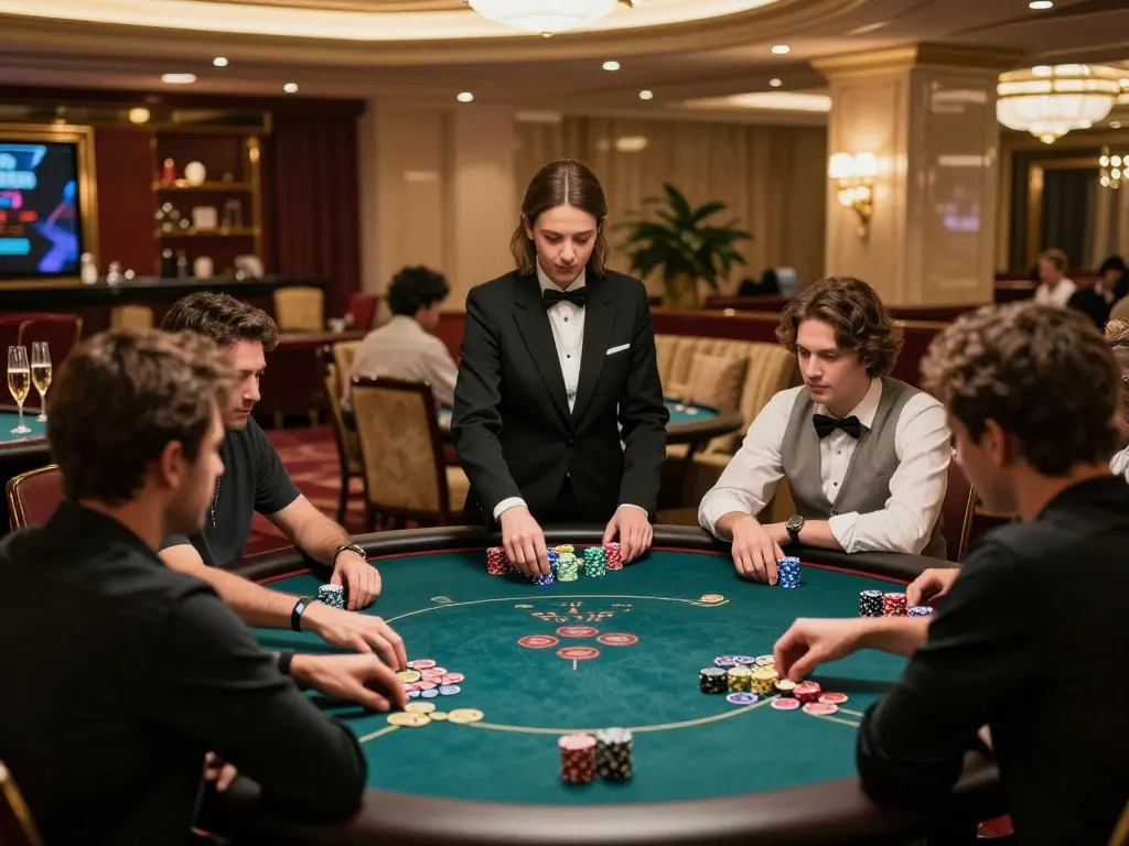 Người chơi KO66 đang chiến lược tại một bàn poker cược cao trong môi trường casino sang trọng