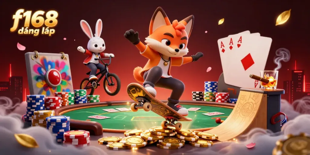 Engage with f168 đăng nhập in a vibrant casino atmosphere featuring cartoon characters and poker action.
