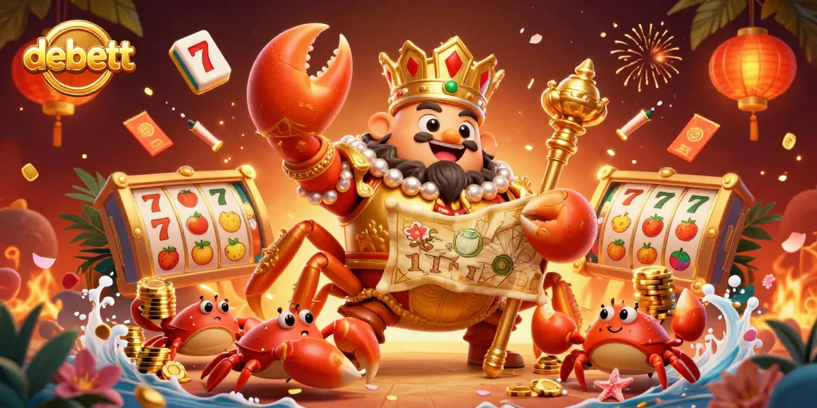 Experience thrilling gameplay at debett with a golden crab emperor overseeing a vibrant casino scene rich in detail.