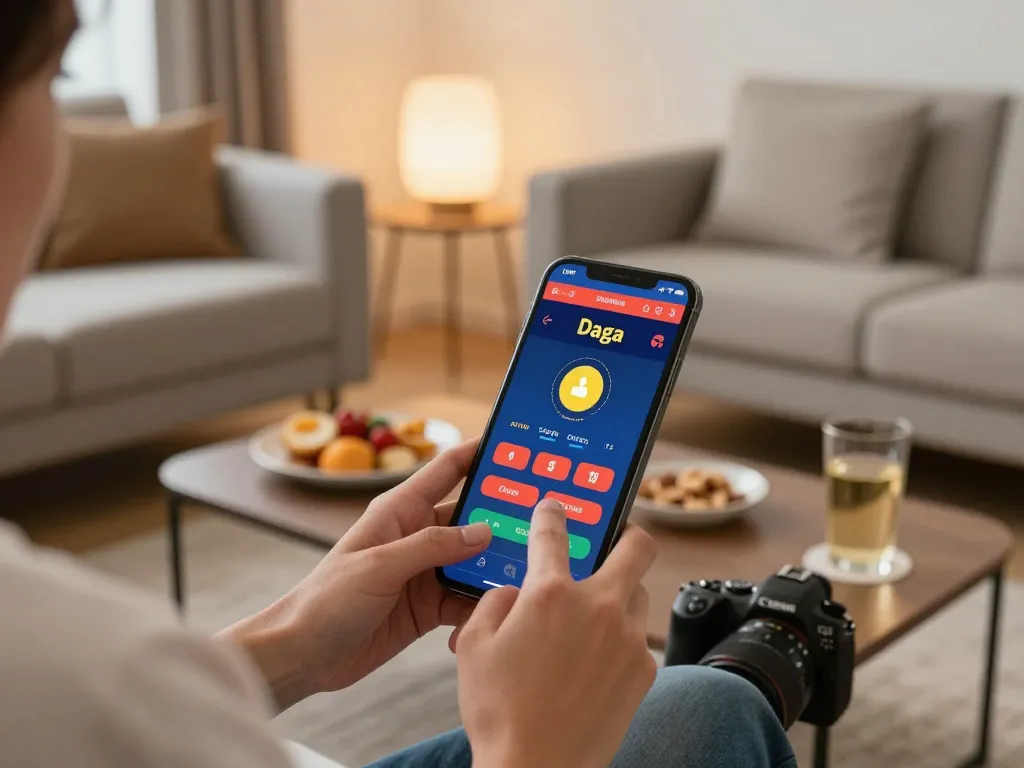 Daga online betting experience with interactive mobile app in vibrant home setting.