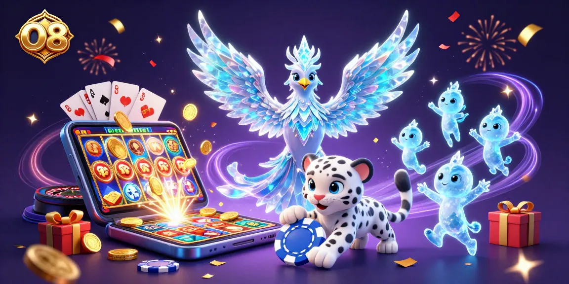Experience the excitement of O8 with a stunning 3D illustration of a casino scene featuring dynamic game elements and characters.