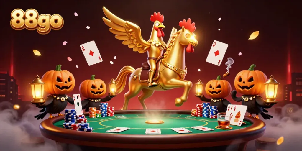 Experience thrilling gameplay at 88go with a dazzling casino scene featuring a golden rooster and poker chips.
