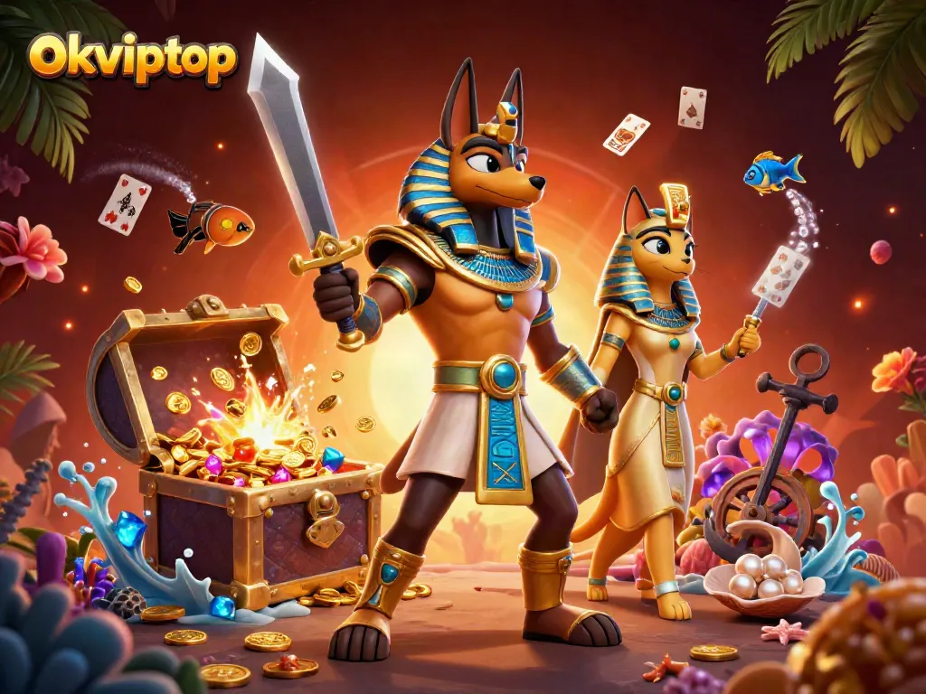Experience excitement with okviptop's thrilling games featuring Anubis and treasures amidst vibrant casino elements.