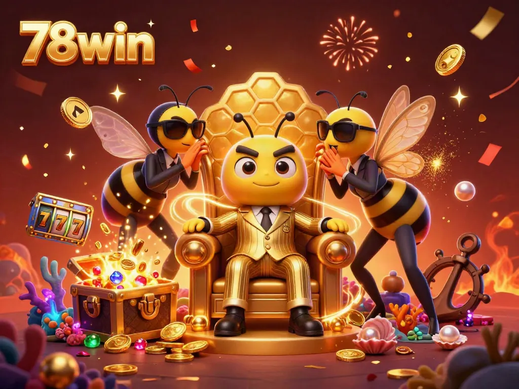 Join the action at 78win with a dynamic casino scene featuring colorful slot reels and buzzing characters.