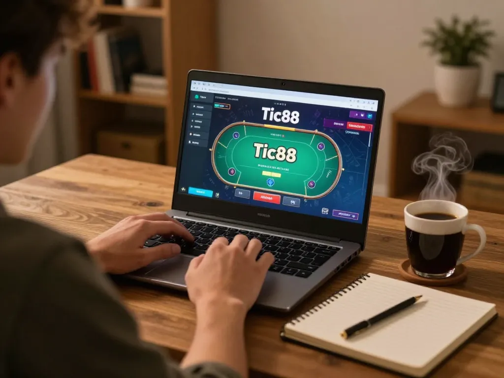 Engaging with Tic88 đăng nhập on a laptop during a cozy home gaming session with strategic notes.