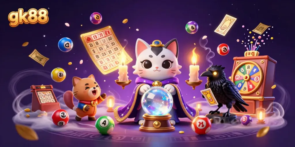 Engage in thrilling lottery games at gk88 with vibrant balls and fortune teller mystic cat.