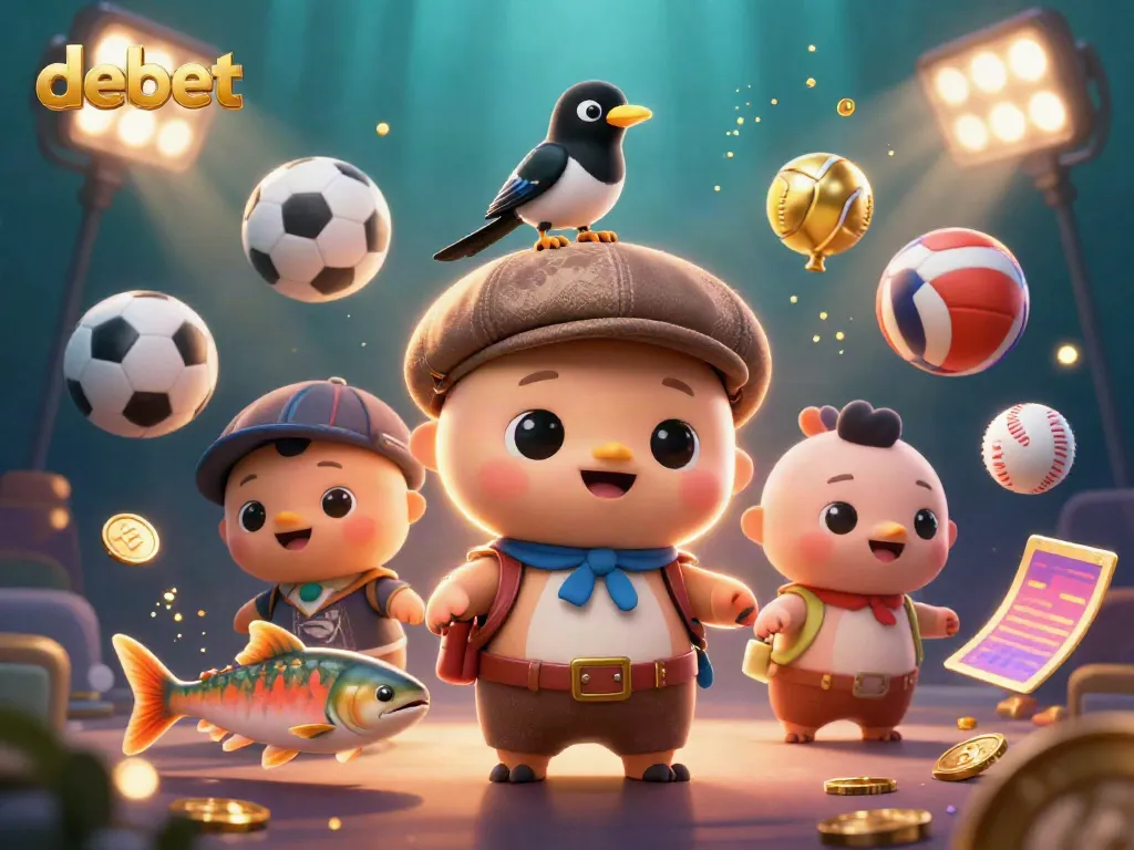 Engaging portrayal of "debet" casino atmosphere with dynamic sports elements and playful characters.