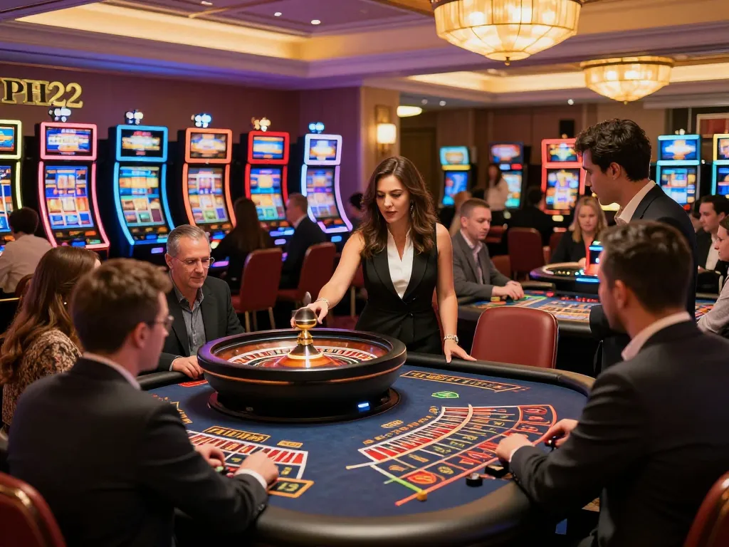 PH22 players engaging with roulette and slot machines in a vibrant casino atmosphere