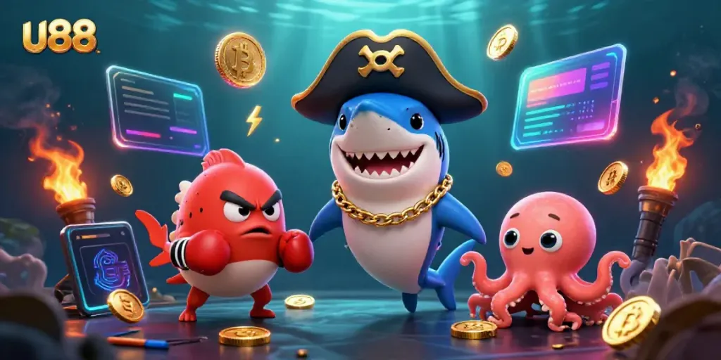 Experience thrilling gameplay at u88 with a vibrant scene of a pirate shark, pufferfish, and octopus amidst glowing crypto coins.