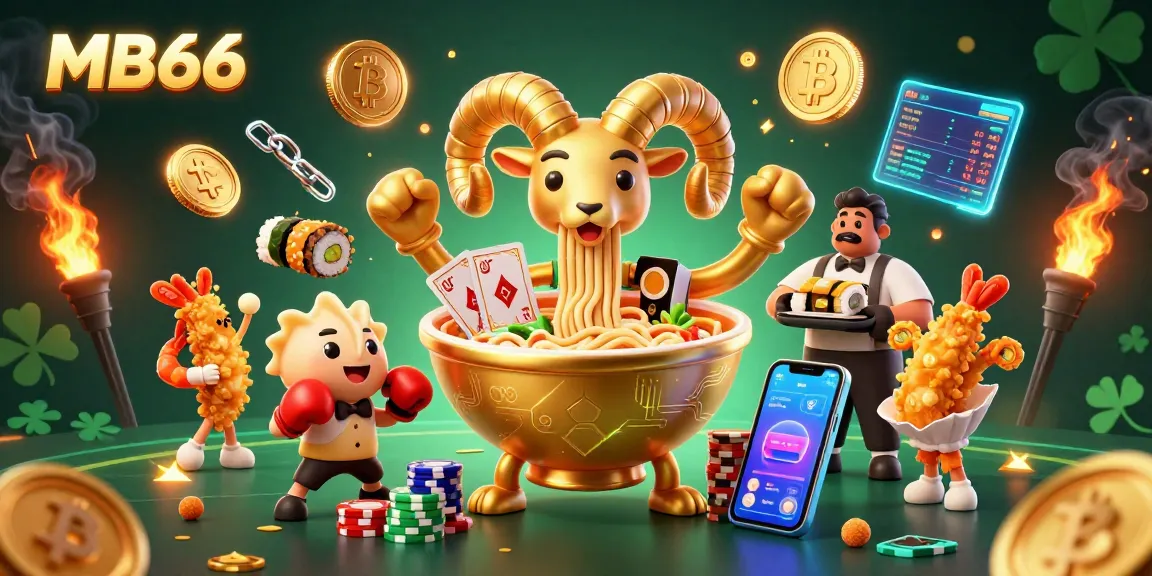 MB66 offers players a dynamic gambling experience with a vibrant casino-themed illustration showcasing a golden ramen bowl dealer.