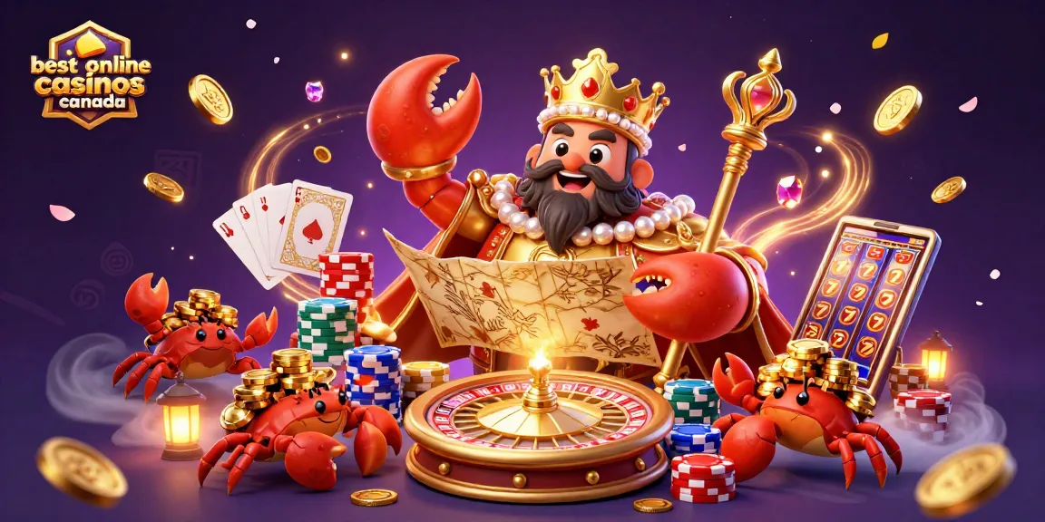 Immerse in the magic of the best online casinos Canada featuring a lavish crab emperor and casino elements.