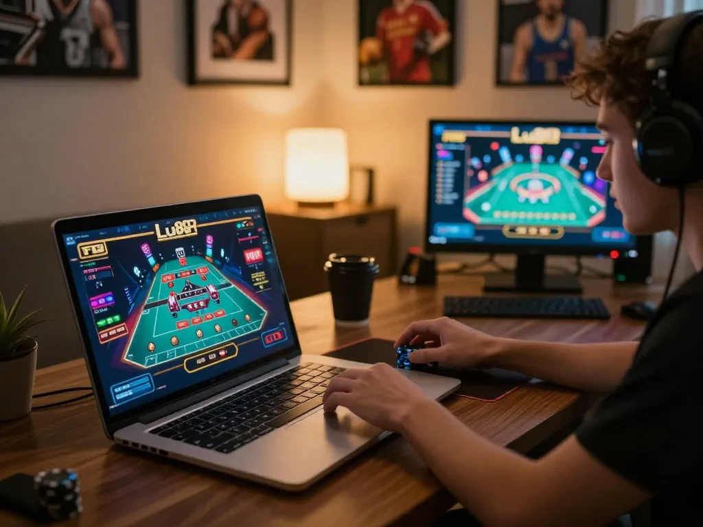 Experience thrilling online gambling with Lu88 in a cozy home setting, player engaging with live dealer game.