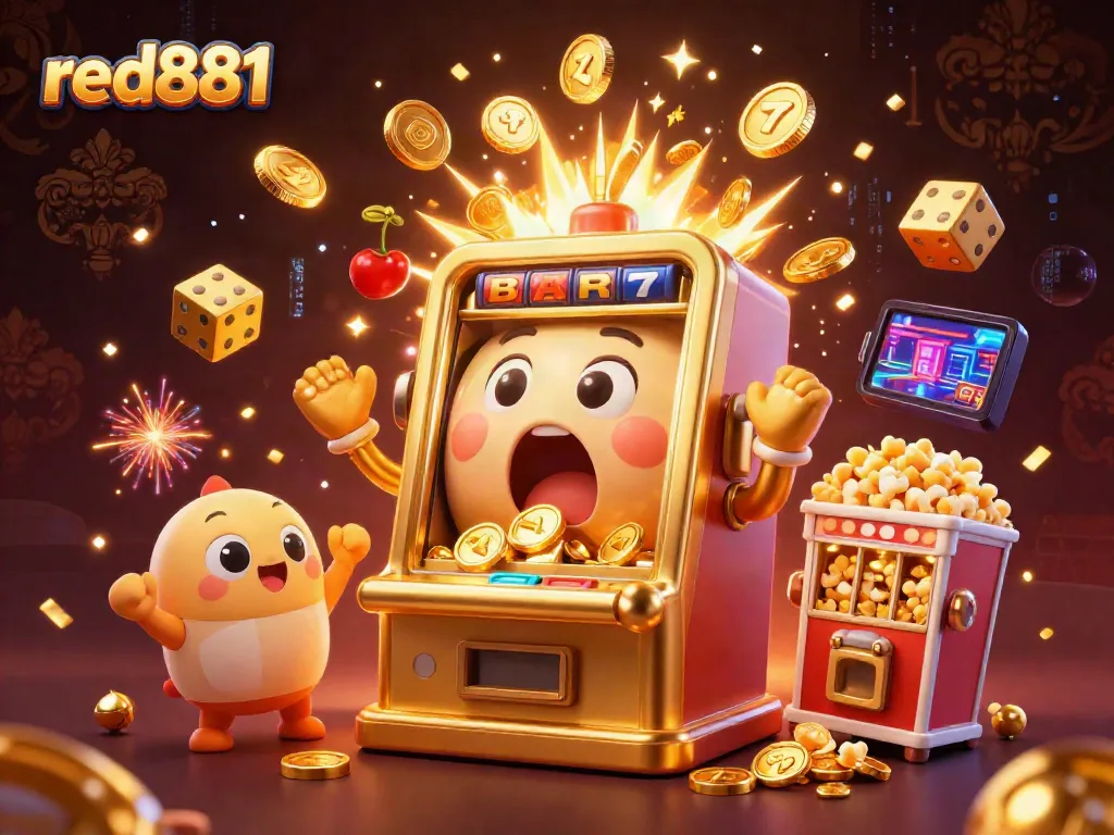 Experience the excitement of red881 with a golden slot machine celebrating its jackpot win amidst a vibrant casino atmosphere.