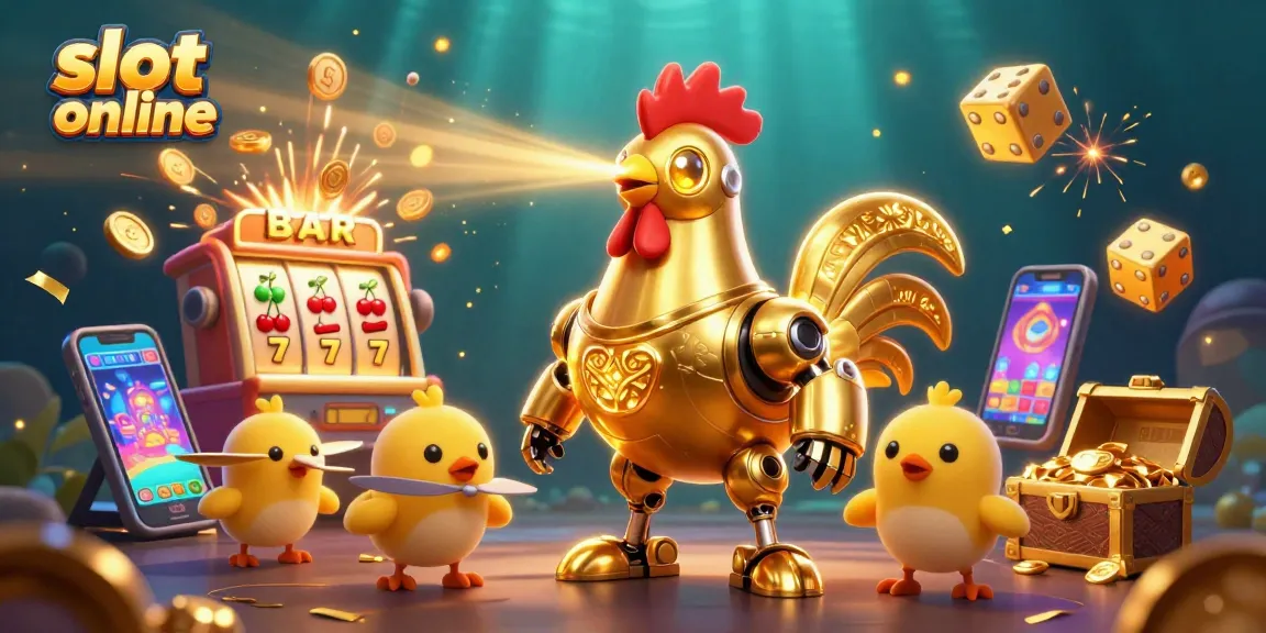 Menang besar dengan slot online meriah dan robot ayam emas dalam suasana kasino virtual yang menarik.