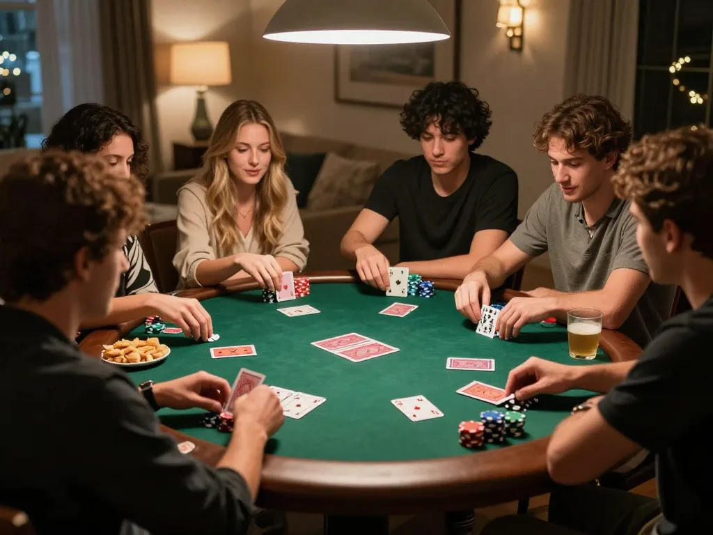 Friends engage in lively poker game, showcasing say88 strategies and friendly competition atmosphere.