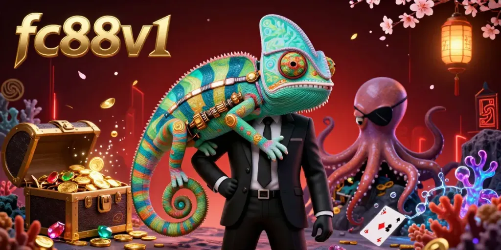 Experience thrilling action in the ultra-detailed fc88v1 casino illustration featuring a secret agent chameleon and friends among vibrant treasures.