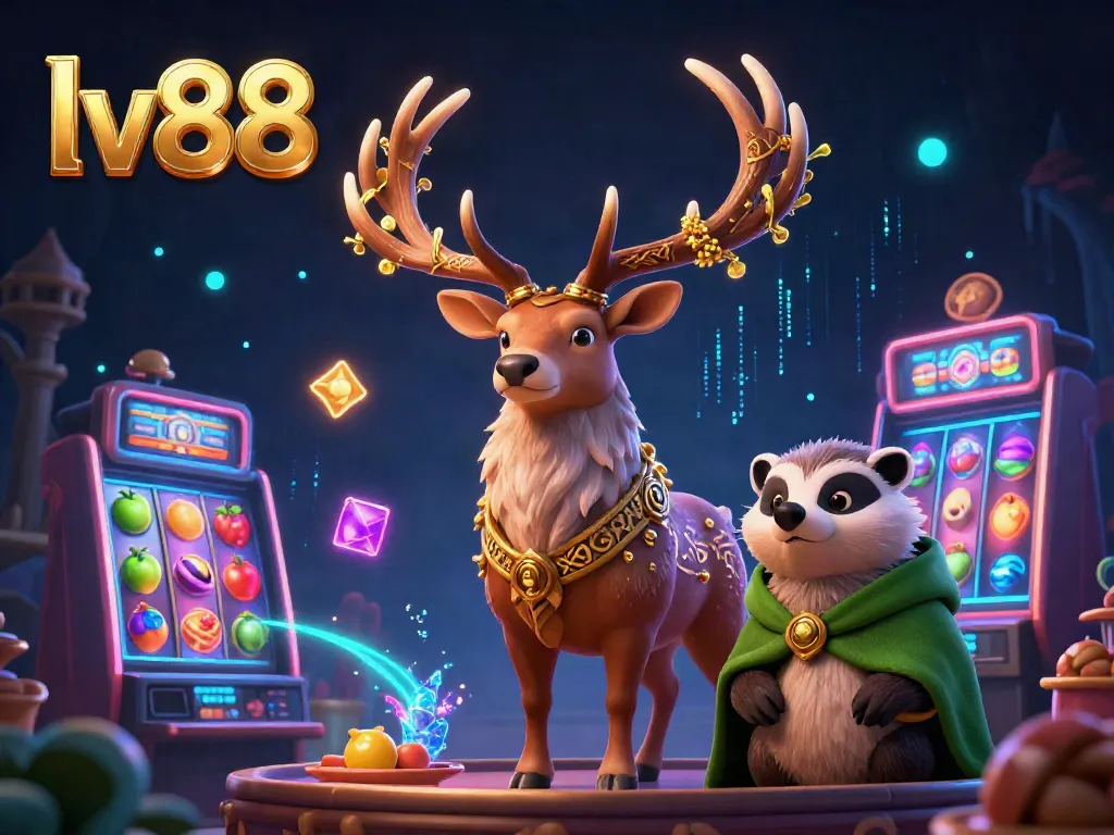 Experience exciting slots at lv88 with a magical 3D scene featuring a stunning druid stag and casino elements.