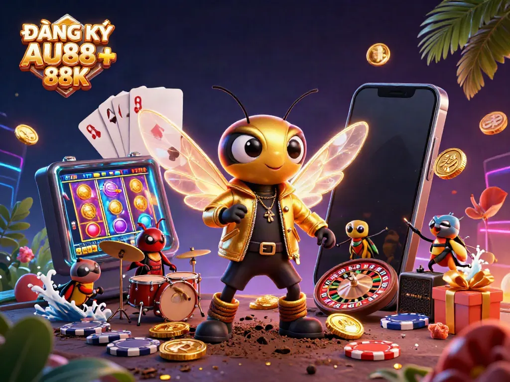 Play games and win with ĐĂNG KÝ AU88 + 88K in a vibrant 3D casino scene.